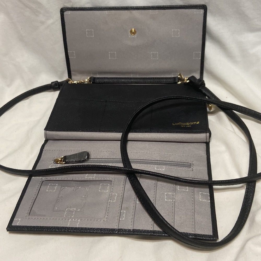LizClaiborne leather Clutch Purse Shoulder Strap Black Leather multi pockets - Picture 7 of 8